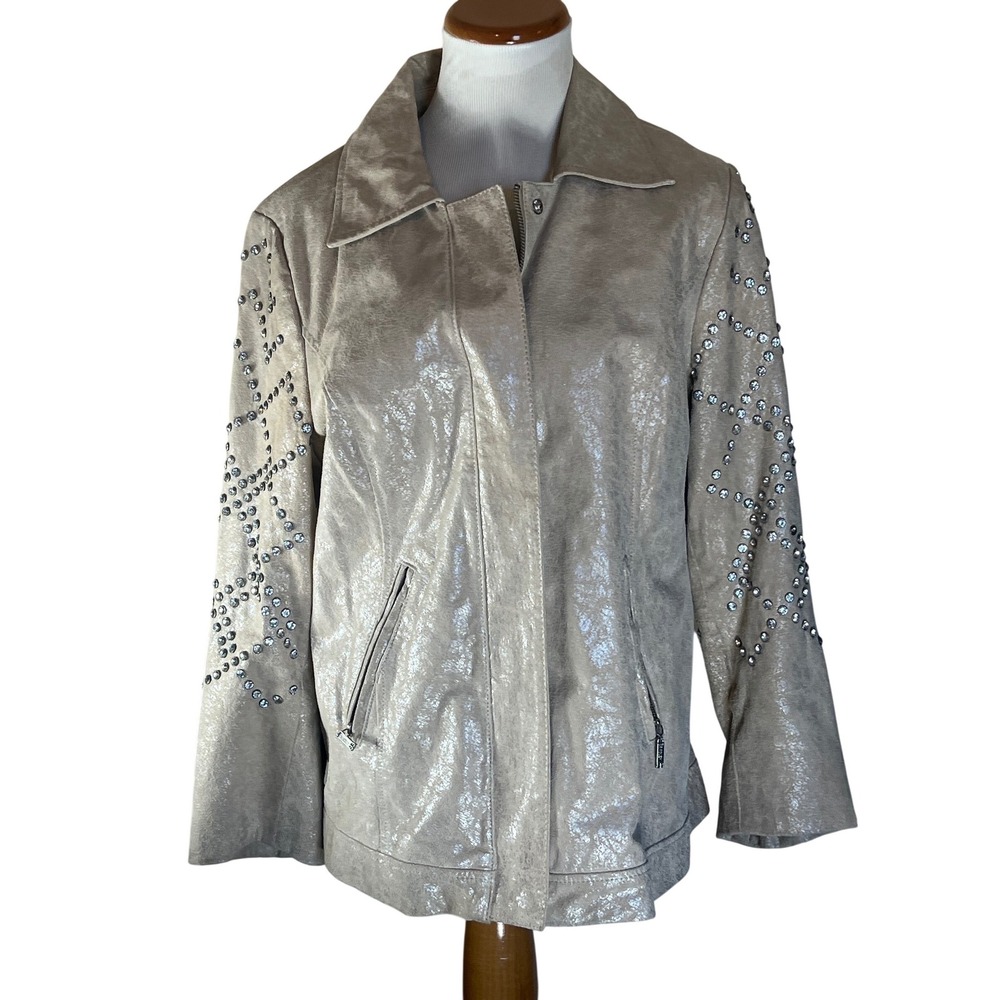 Bradley Bayou Statement‎ Shimmer Beige Embellished Biker Leather Jacket Medium